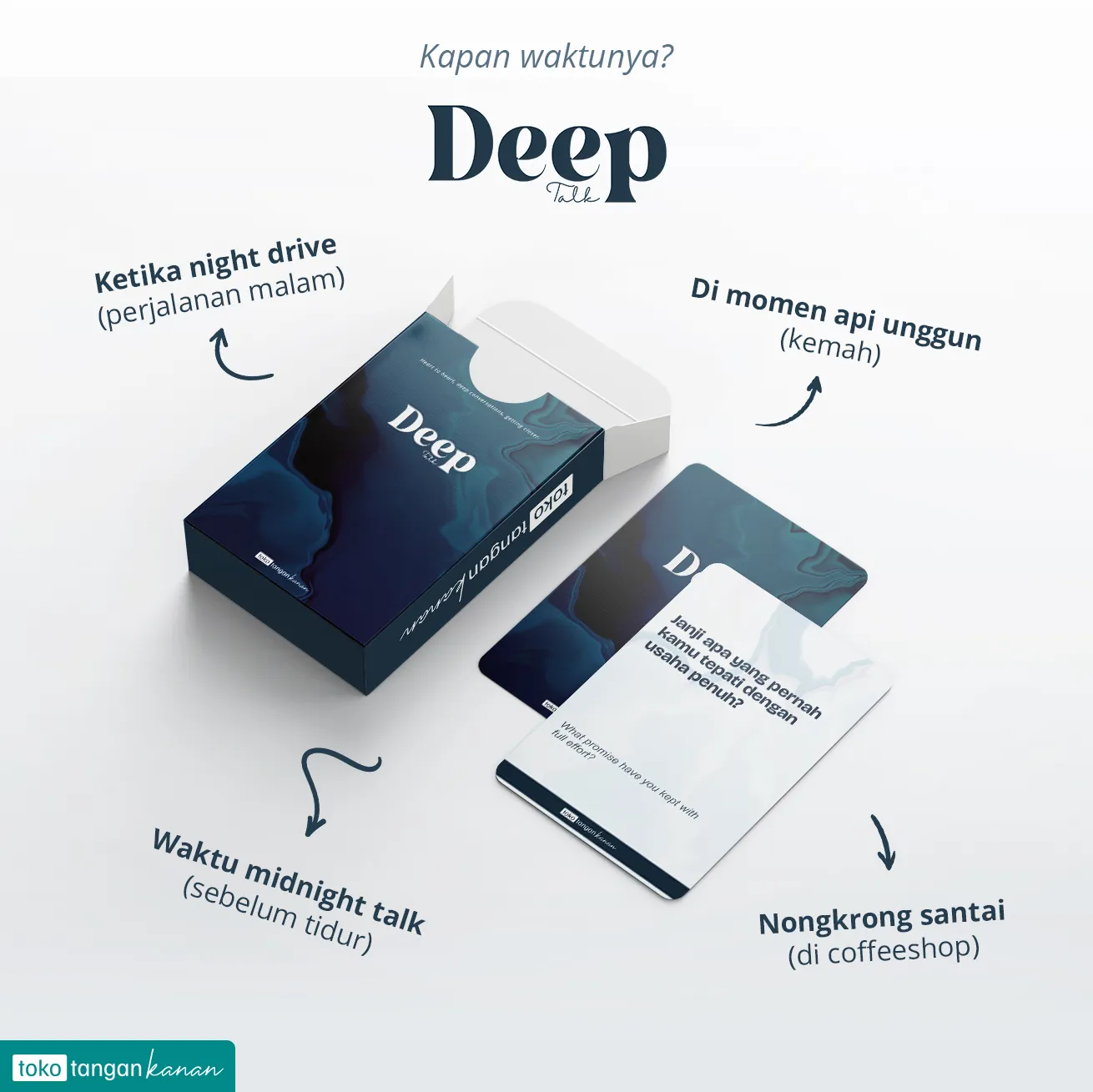 Kemasan kartu Deep beserta contoh momen - permainan deep talk untuk pasangan dan sahabat yang ingin saling mengenal lebih dalam